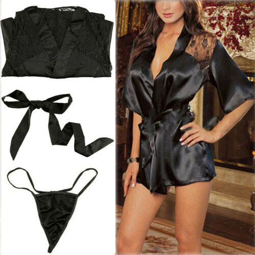 Satin and Lace Robe Kimono Style Black Color