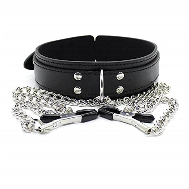 Metal Nipple Clamps with  Synthetic Leather Collar