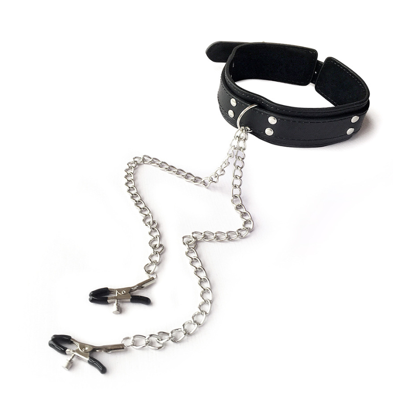 Metal Nipple Clamps with  Synthetic Leather Collar