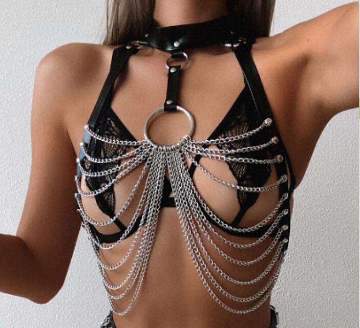 Female Punk Harness Bra Body Chains Jewelry PU Leather