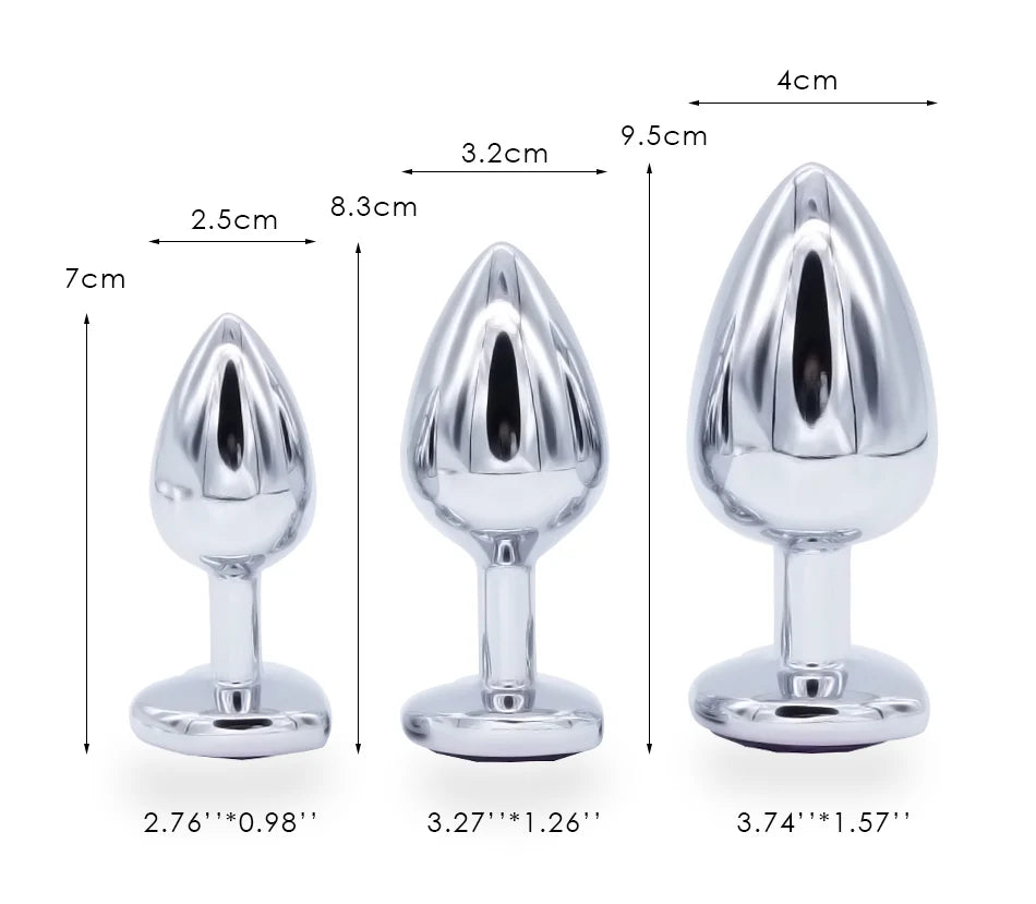 Precious Silver - Stainless Steel Anal Plug With Crystal Jewel - 3 Pcs