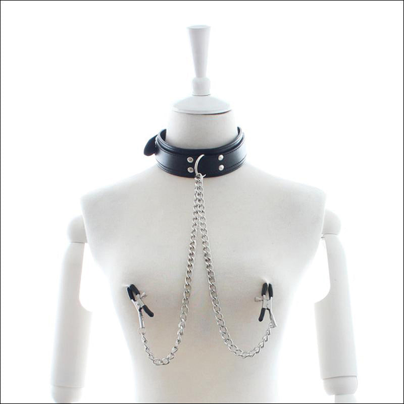 Metal Nipple Clamps with  Synthetic Leather Collar