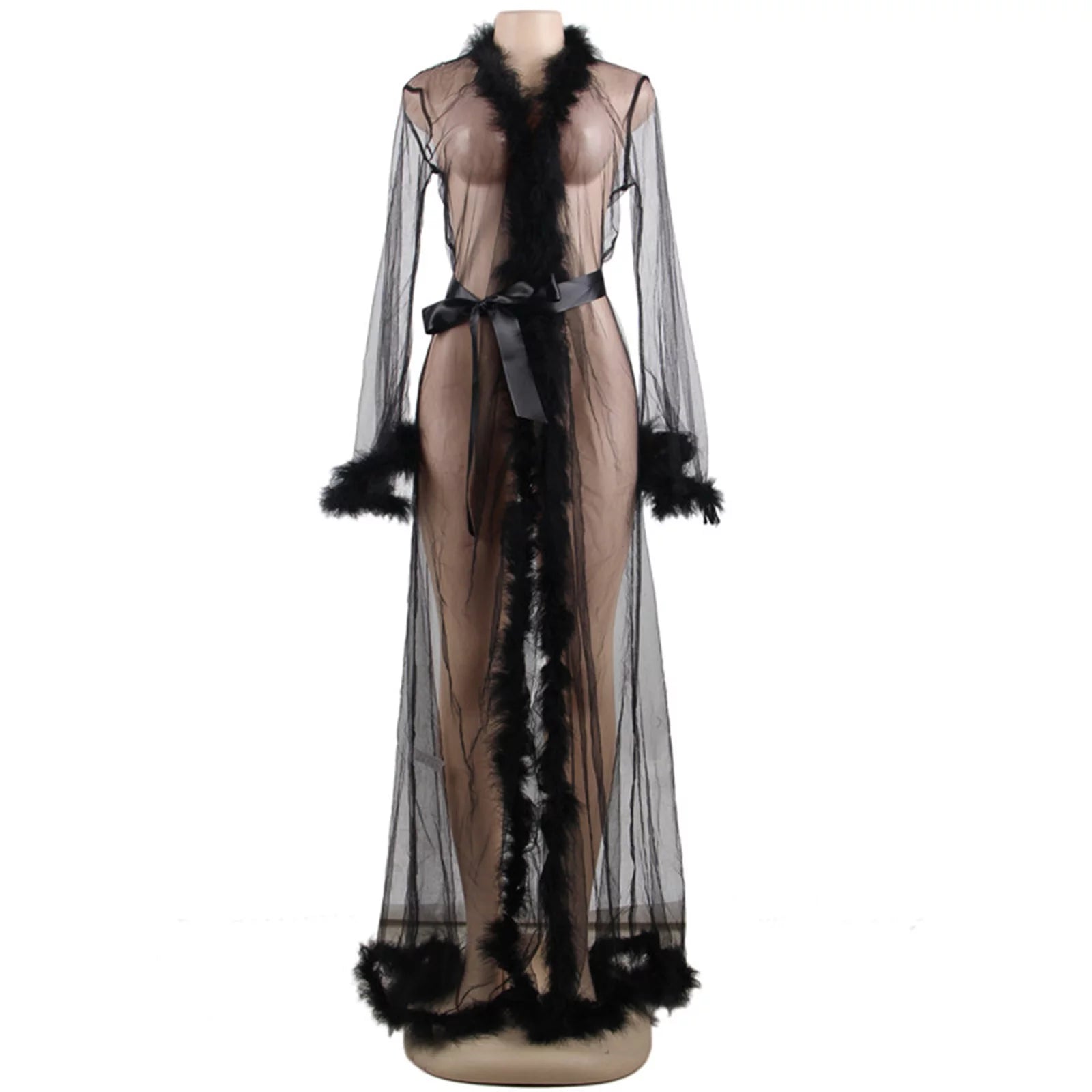 Women's long transparent robe with velvet edges