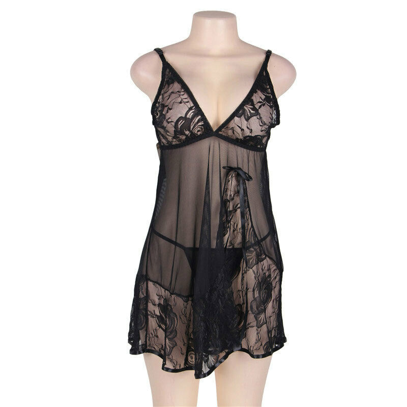 Women's nightgown with transparent lace Black